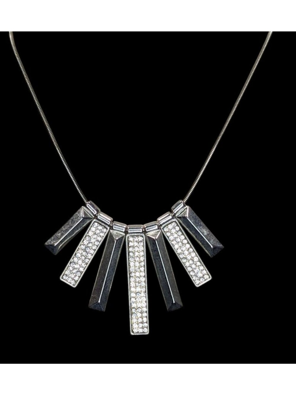 Guess Rhinestone Statement Necklace Silver Geometric Bar Bib Snake Chain Gunmeta